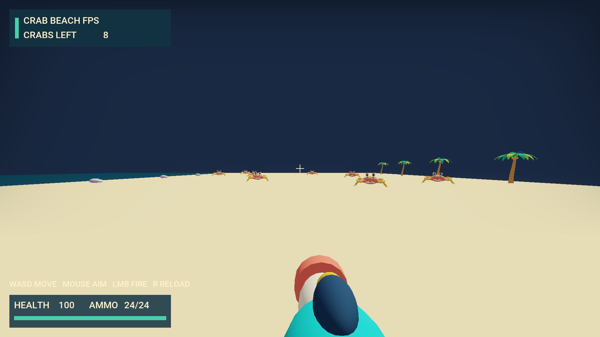 Crab Beach FPS template: first-person view across a sandy beach at night with palm trees and giant crabs on the horizon, health and ammo HUD